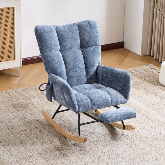 Hforesty Nursery Rocking Chair Chenille Upholstered Glider Rocker,with Airbag & Footrest for Living Room, Blue