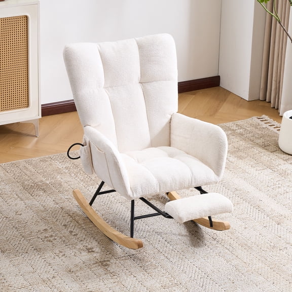 Hforesty Nursery Rocking Chair Chenille Upholstered Glider Rocker,with Airbag & Footrest for Living Room, White
