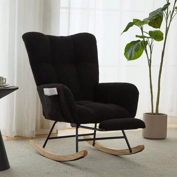 Hforesty Nursery Rocking Chair Teddy Upholstered Glider Rocker,Comfy Armchair with retractable footrest for Living Room & Nursery,BLACK