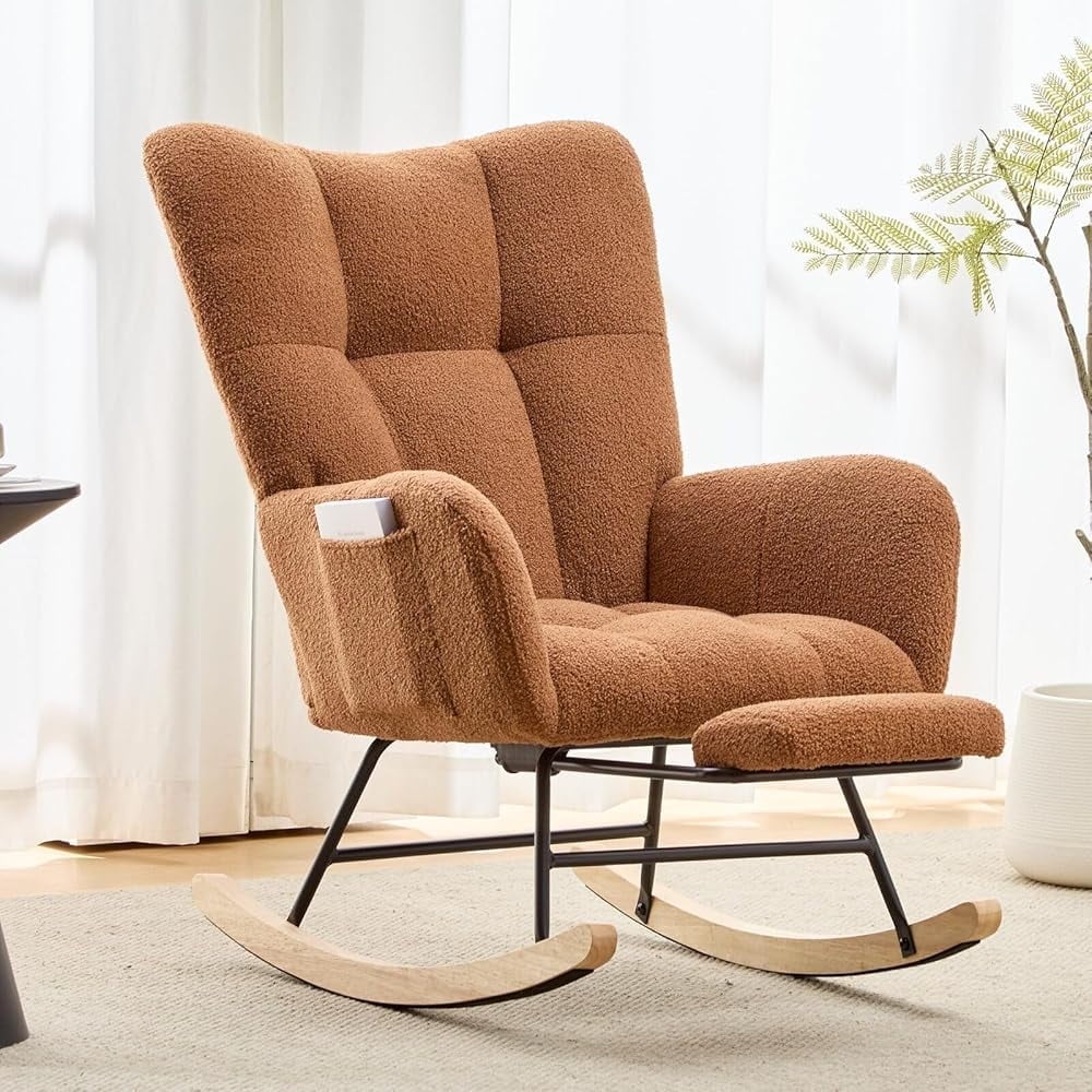 Hforesty Nursery Rocking Chair Teddy Upholstered Glider Rocker，Comfy Armchair with retractable footrest for Living Room & Nursery,BROWN