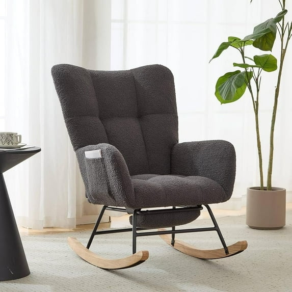Hforesty Nursery Rocking Chair Teddy Upholstered Glider Rocker,Comfy Armchair with retractable footrest for Living Room & Nursery,GREY
