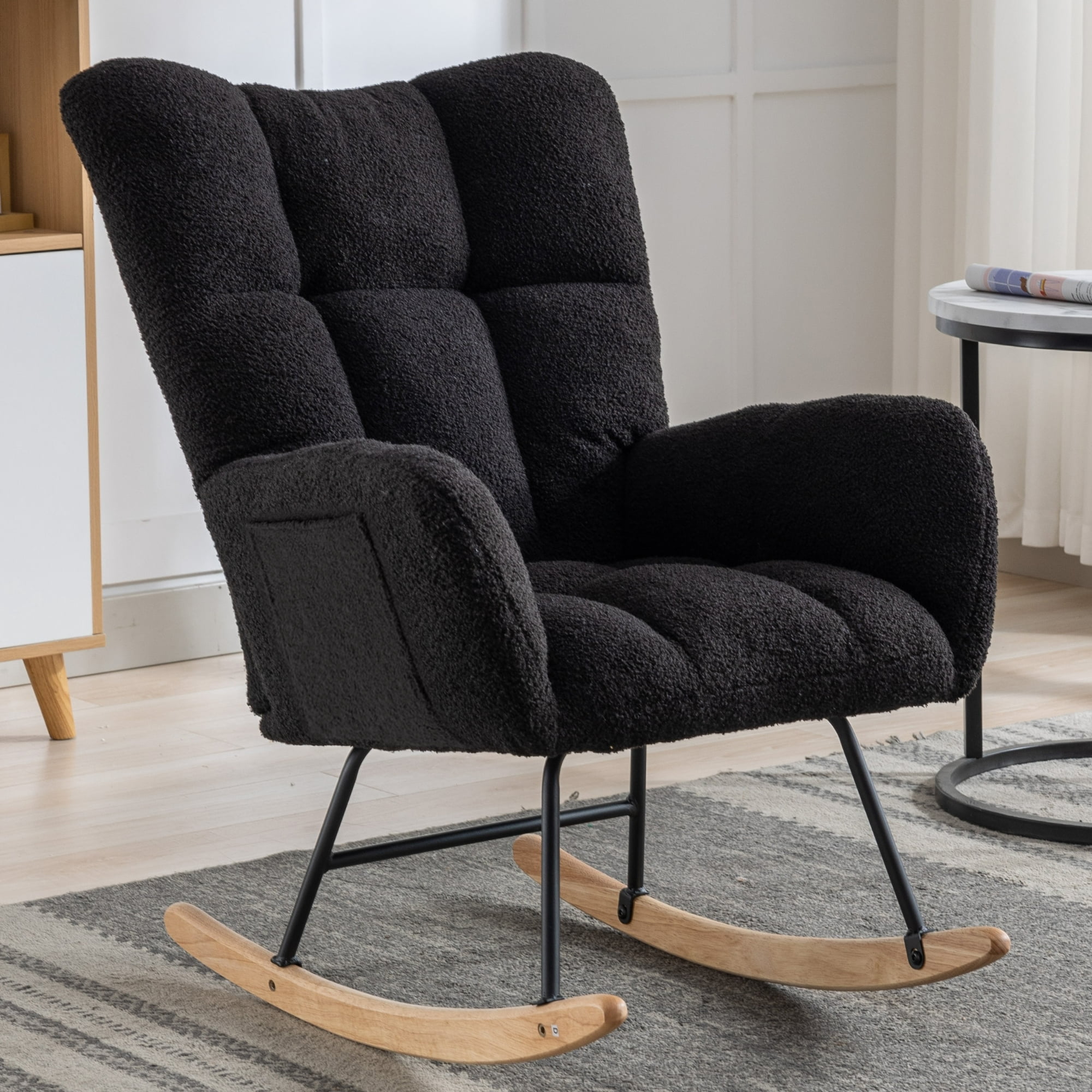 Hforesty Nursery Rocking Chair Teddy Upholstered Glider Rocker,with Comfortable Armchair for Living Room & Nursery, BLACK