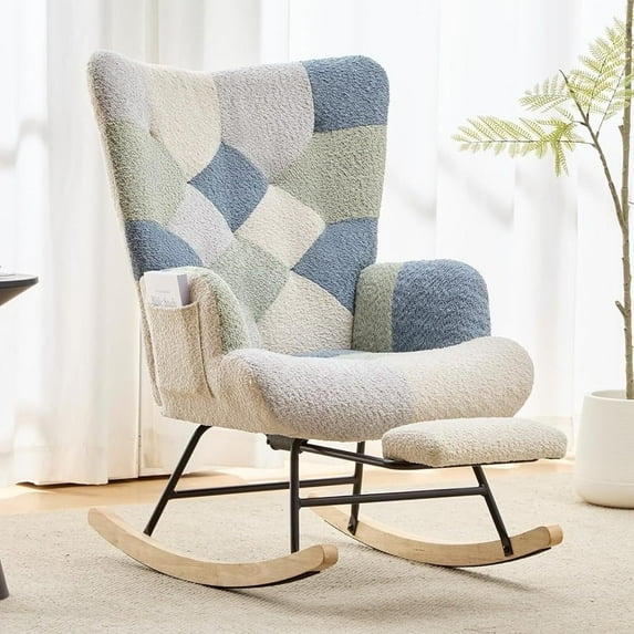 Hforesty Nursery Rocking Chair Upholstered Glider Rocker,Comfy Armchair with retractable footrest for Living Room & Nursery,side pocket,(Cotton Linen)splicing DARK-BLUE