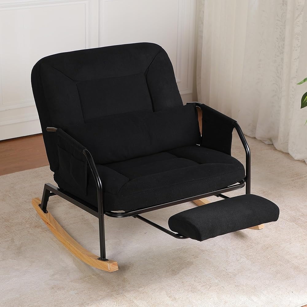 Hforesty Oversized Rocking Chair with Footrest ,Rocker Glider with Metal Farm,Wooden Bottom and Adjustable Backrest for Indoor Use: Balcony, Living Room or Bedroom.(corduroy)BLACK