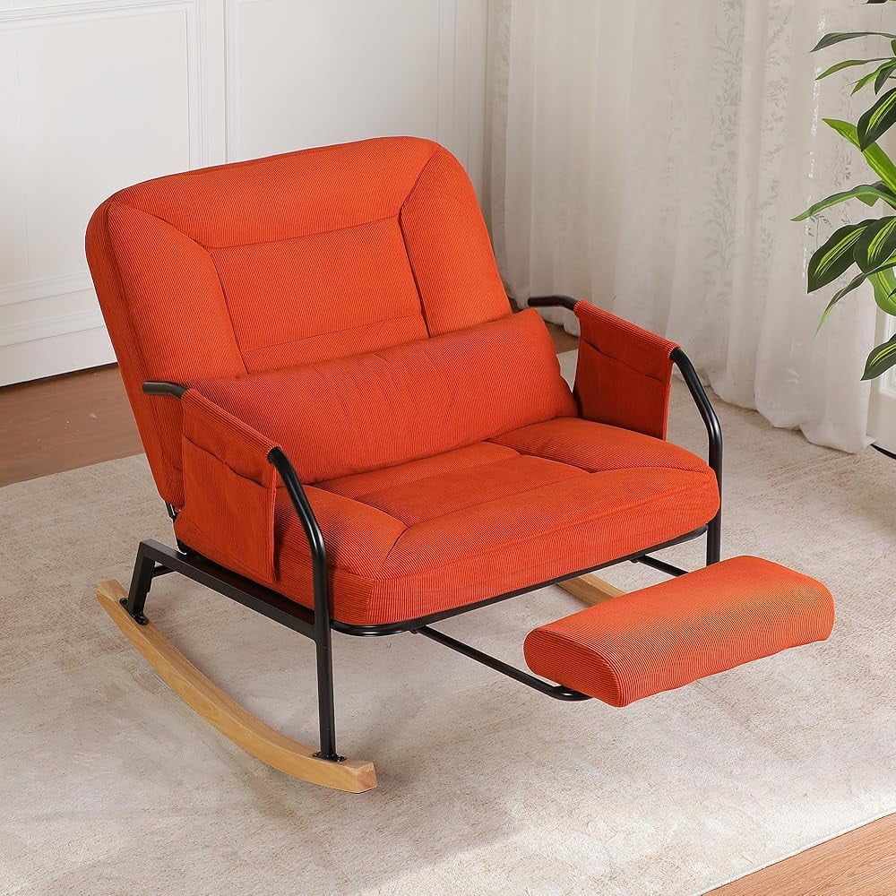 Hforesty Oversized Rocking Chair with Footrest ,Rocker Glider with Metal Farm,Wooden Bottom and Adjustable Backrest for Indoor Use: Balcony, Living Room or Bedroom.(corduroy)BROWN