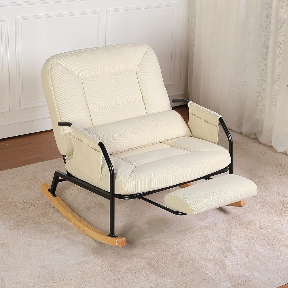 Hforesty Oversized Rocking Chair with Footrest ,Rocker Glider with Metal Farm,Wooden Bottom and Adjustable Backrest for Indoor Use: Balcony, Living Room or Bedroom.(corduroy)BEIGE
