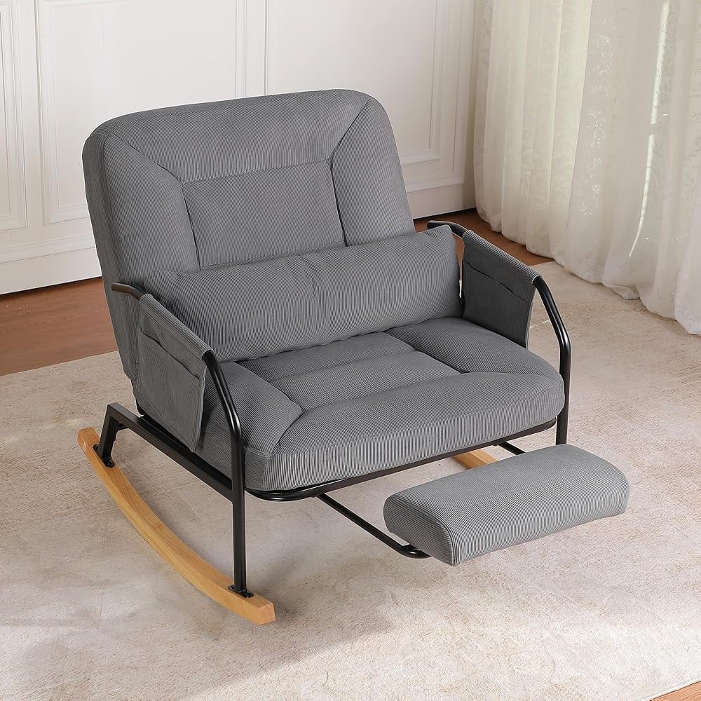 Hforesty Oversized Rocking Chair with Footrest ,Rocker Glider with Metal Farm,Wooden Bottom and Adjustable Backrest for Indoor Use: Balcony, Living Room or Bedroom.(corduroy)GREY