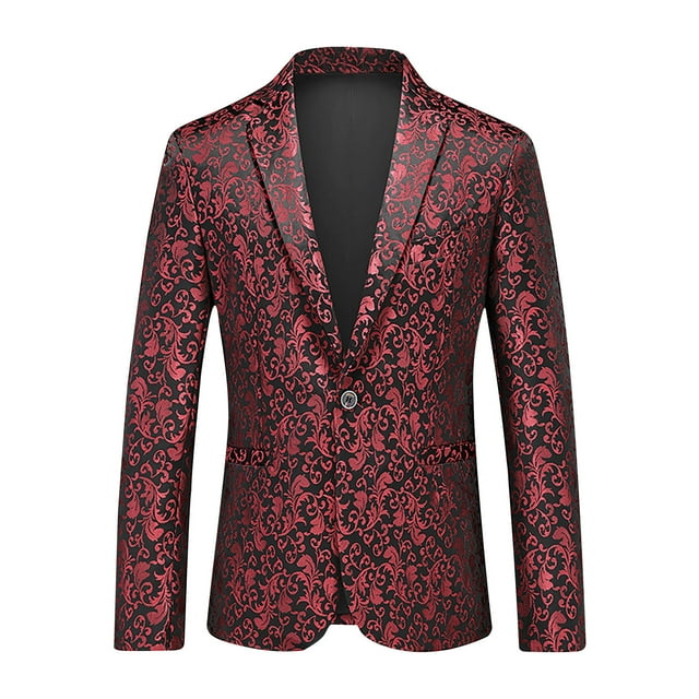 Hfozny Men's 2024 Floral Jacquard Dress Suit Jacket 1 Button Print Tux