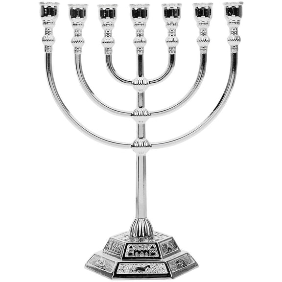 Hfppkn Alloy Menorah 7 Branch Candlestick 12 Tribes Temple Silver 17cm 1Pc