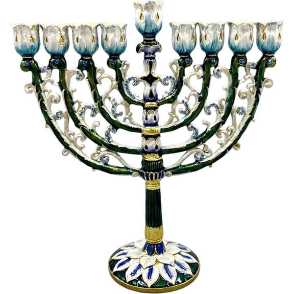 Hfppkn Alloy Menorah 9 Branch Hanukkah Candelabra Floral Blue Green 16cm 1Pc