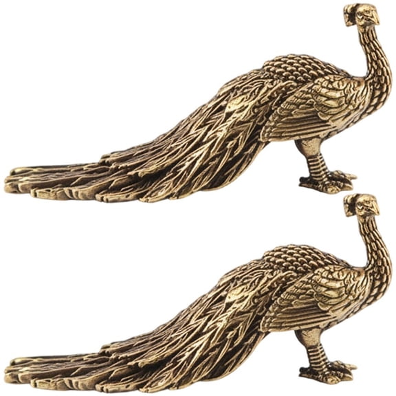Hfppkn Brass Peacock Figurine Set 2pcs Small Statue Antique Gold 5.6cm