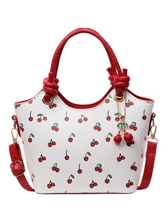 Cherry Print PU Leather Tote Bag Detachable Strap Crossbody Handbag for Work Travel 23x17x9cm Red