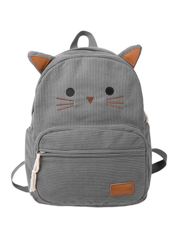 Corduroy Cat Ear Backpack Novelty Animal Daypack Grey 38x28cm 1Pc
