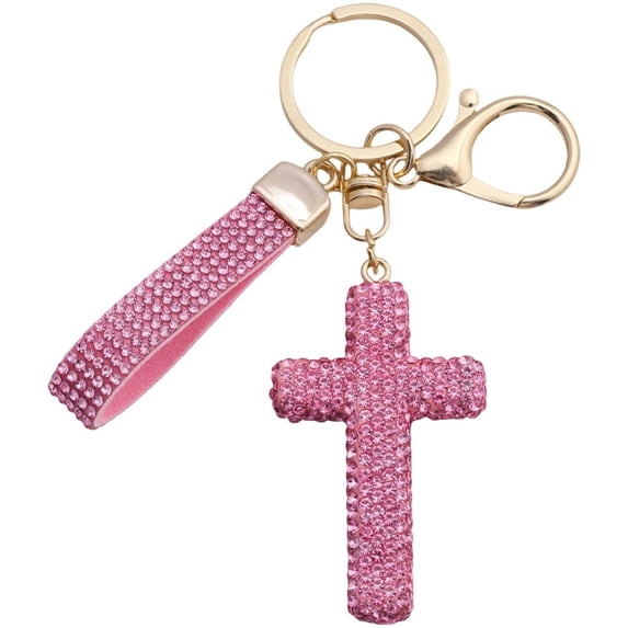 Hfppkn Crystal Cross Keychain Pink 6.3cm Rhinestone Bag Charm Key Ring for Women Handbags Car Keys