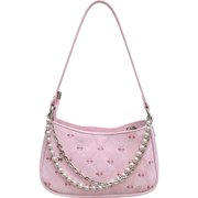 Hfppkn Cute Bow Pearl Chain Shoulder Bag, Small PU Leather Underarm Crossbody Purse, Pink 21x12x6cm