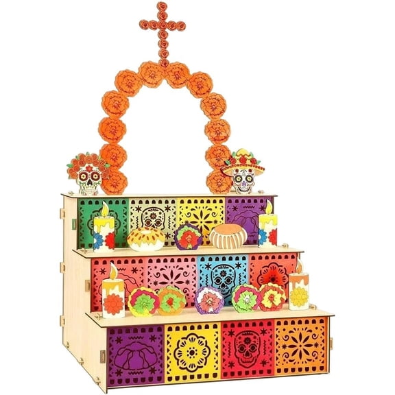Hfppkn Day of the Dead 3-Tier Wooden Altar Box Shadow Frame Memorial Decor 1Pc