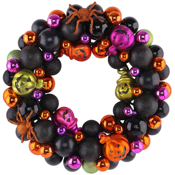 Hfppkn Halloween Ball Wreath Shatterproof Orbs Spiders Pumpkins Door Decor 34cm 1Pc