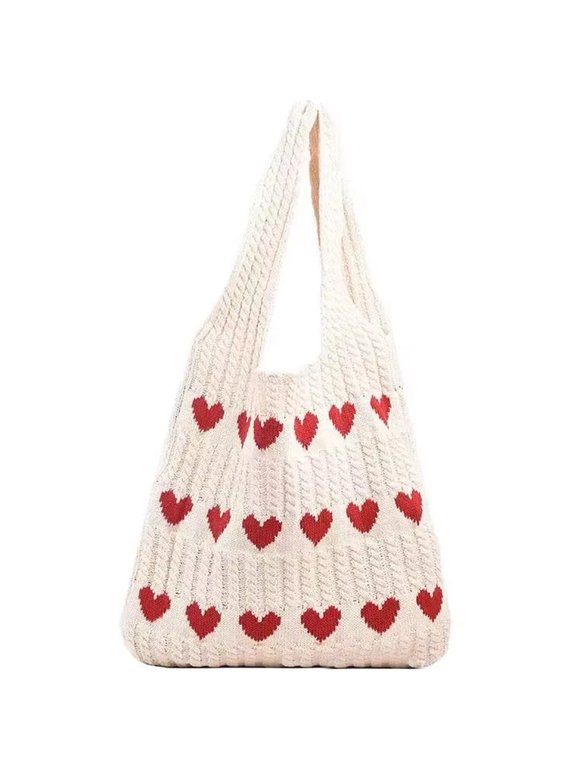Heart Print Knitted Tote Handbag Boho Shoulder Bag for Summer Daily Work 37x35cm
