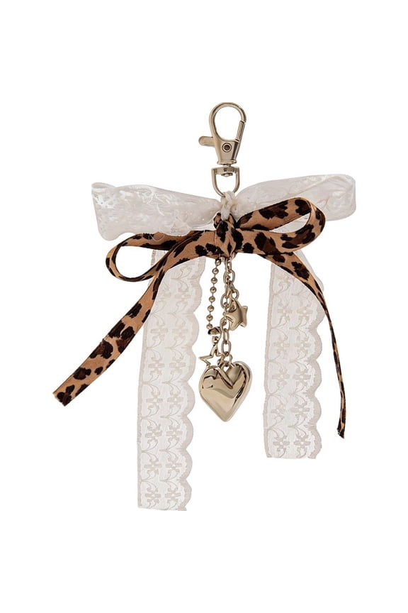 Leopard Lace Bow Keychain with Heart Star Charms, White Brown Sweet Bag Charm for Handbag Keys 16x10cm