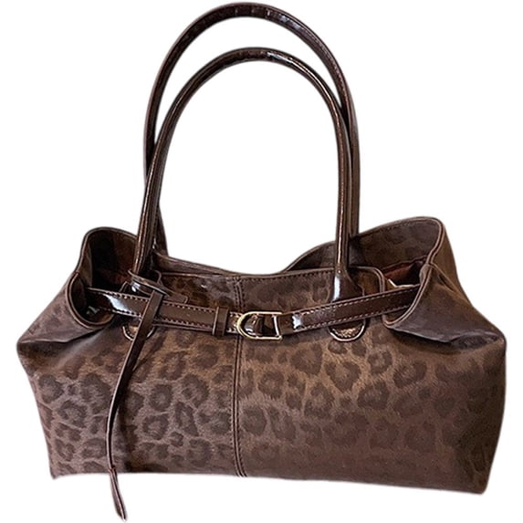 Hfppkn Leopard Print PU Leather Slouchy Tote Bag Short Handle Underarm Shoulder Handbag for Women 36x12x20cm Brown