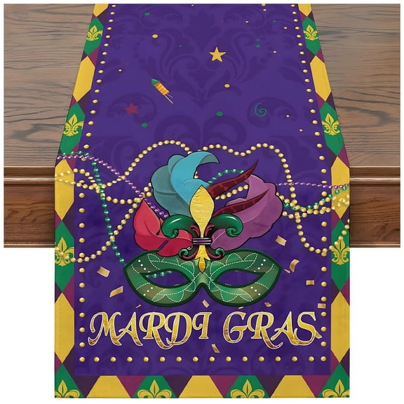 Hfppkn Mardi Gras Mask Linen Table Runner Carnival Masquerade Table Decor for Holiday Parties 33x183cm