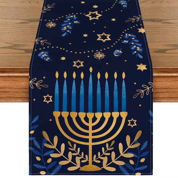 Hfppkn Menorah Star of David Linen Table Runner Hanukkah Holiday Table Decor for Home Dining 33x183cm