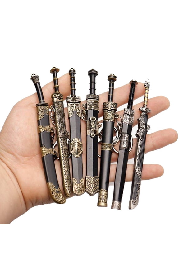 Mini Ancient Sword Keychain Set, Zinc Alloy Weapon Model Pendant for Keys Bags, 7Pcs, 12cm