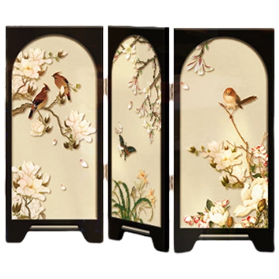 Hfppkn Mini Desktop 3 Panel Folding Screen Divider Wooden Bird Pattern 22cm Feng Shui Ornament Home Decor