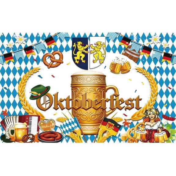 Hfppkn Oktoberfest Themed Party Backdrop Banner Style 1, Beer & Pretzel Design Polyester Banner 180x110cm