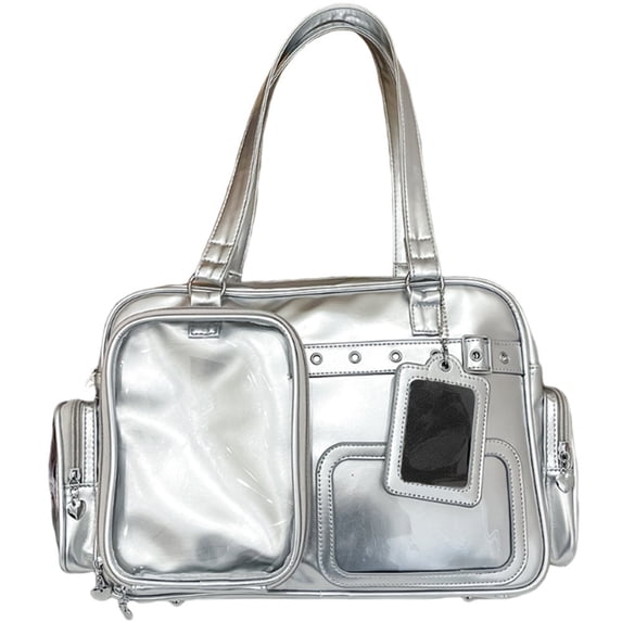 Hfppkn PU Leather Pin Display Ita Tote Bag Transparent Window Shoulder Handbag for Daily Use 35x11x25cm Silver