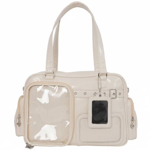 Hfppkn PU Leather Pin Display Ita Tote Bag Transparent Window Shoulder Handbag for Daily Use 35x11x25cm Style 1