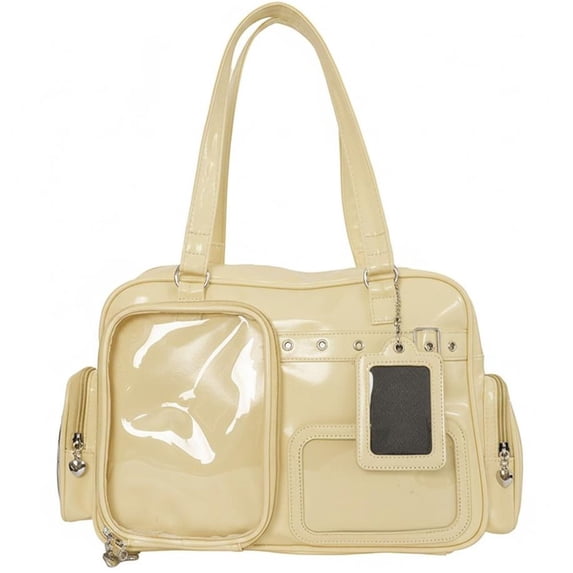 Hfppkn PU Leather Pin Display Ita Tote Bag Transparent Window Shoulder Handbag for Daily Use 35x11x25cm Yellow