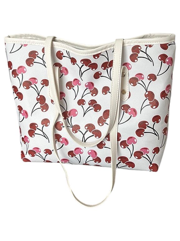 PU Polyester Cherry Print Tote Bag Women White 29cm