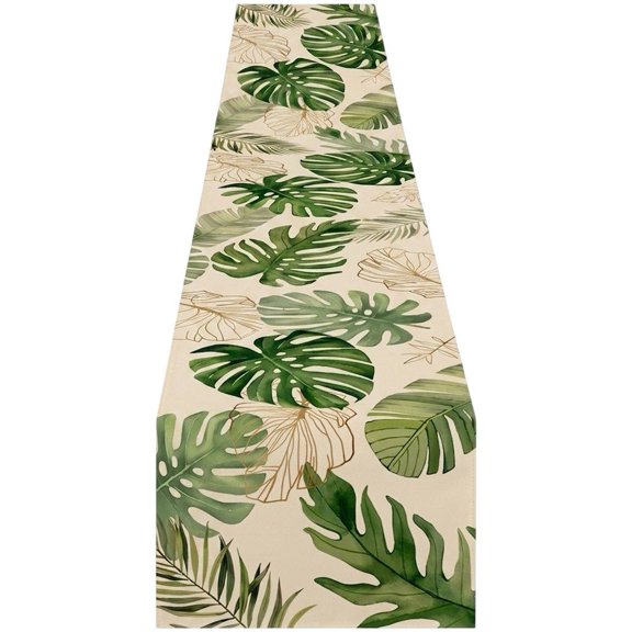 Hfppkn Palm Leaves Linen Table Runner Tropical Summer Table Decor for Dining Banquet 33x183cm Green