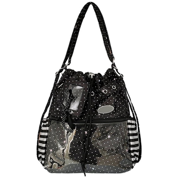 Hfppkn Polka Dot Drawstring Ita Handbag Clear Display Shoulder Bag for Daily Commute 35x14x36cm Black