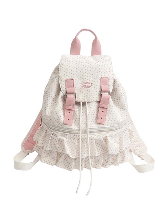 Polka Dot Fabric Daypack Ruffle Lace Accents Backpack White 32cm 1Pc