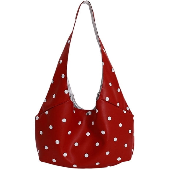 Hfppkn Polka Dot PU Leather Shoulder Bag Large Capacity Casual Tote Handbag for Commuting 49x10x28cm Red