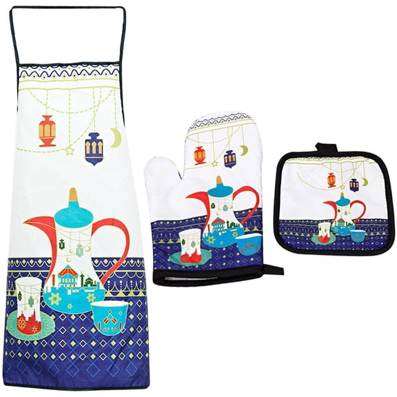 Hfppkn Ramadan Mubarak 3-in-1 Kitchen Apron Set, Heat Resistant Baking Oven Mitt Pot Holder, White, 80x70cm