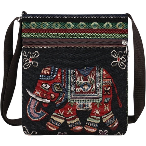 Hfppkn Red Elephant Embroidered Boho Hobo Crossbody Bag, Vintage Ethnic Shoulder Purse for Women Travel Use 20x23x4cm