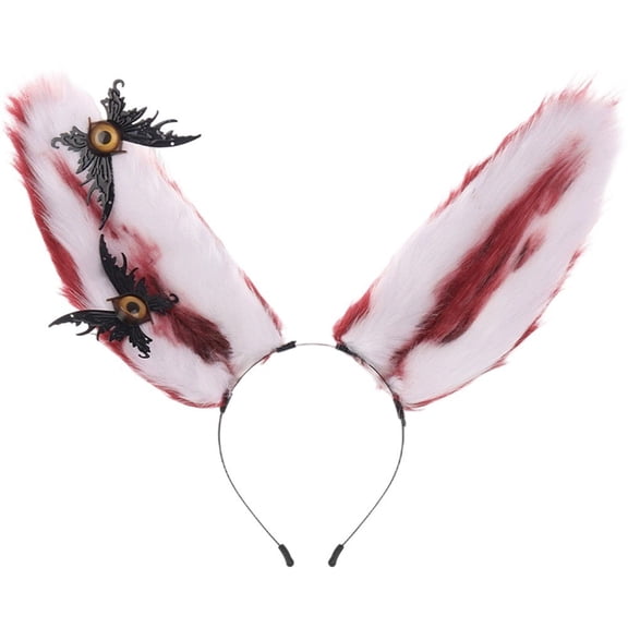 Hfppkn Red White Plush Bunny Ears Headband Gothic Style Animal Ear Hair Hoop for Themed Parties One Size