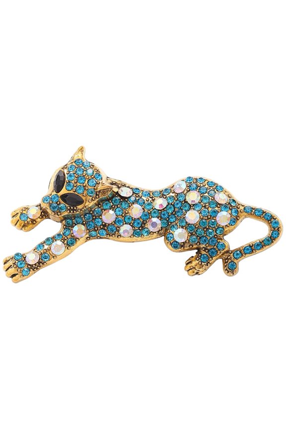 Rhinestone Leopard Animal Brooch Pin Cheetah Lapel Pin for Suit Jackets Dress 7x3.5cm Blue