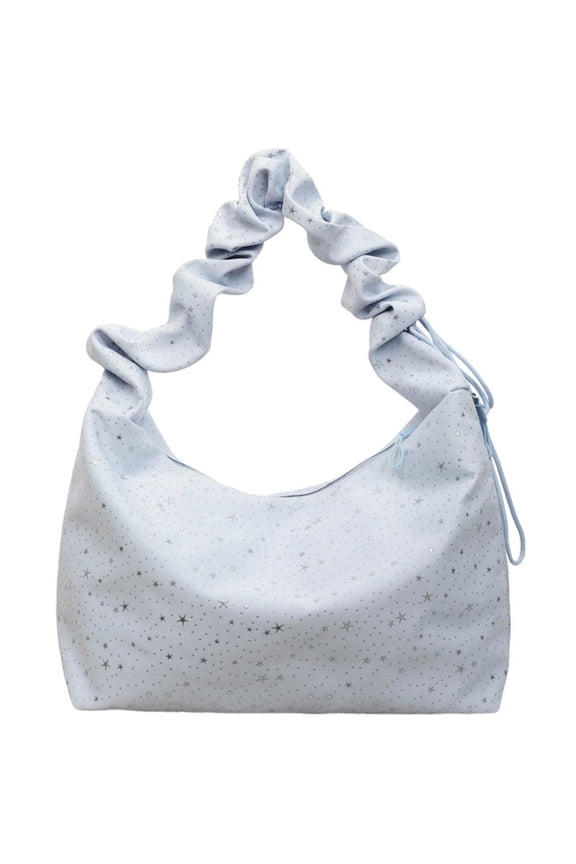 Star Print Canvas Shoulder Tote Bag Large Ruched Hobo Handbag for Women Daily Commute Blue 46x32x16cm