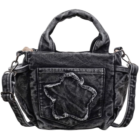 Hfppkn Star Print Denim Crossbody Handbag Y2K Multi-Pocket Casual Shoulder Purse for Daily Use 23x10x18cm Black