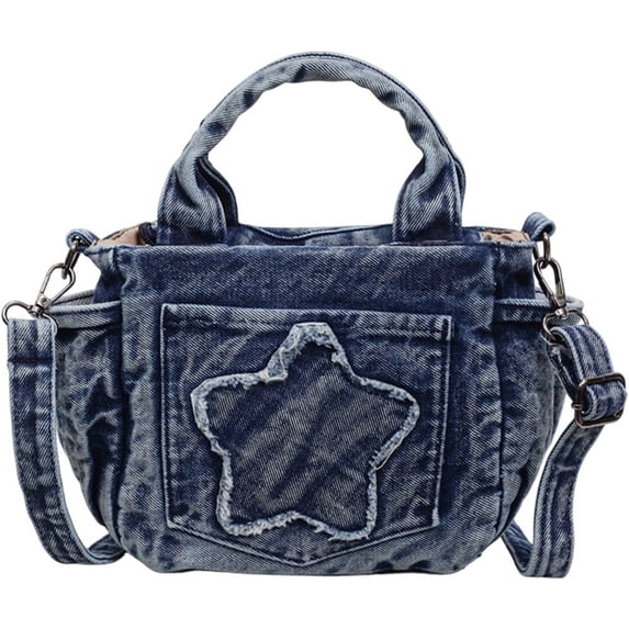 Hfppkn Star Print Denim Crossbody Handbag Y2K Multi-Pocket Shoulder Purse for Daily Use 23x10x18cm Blue