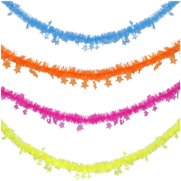 Hfppkn UV Fluorescent Neon Party Garland Set, Glow Tassel Banner with Star Decor for Blacklight Parties 4Pcs 2m