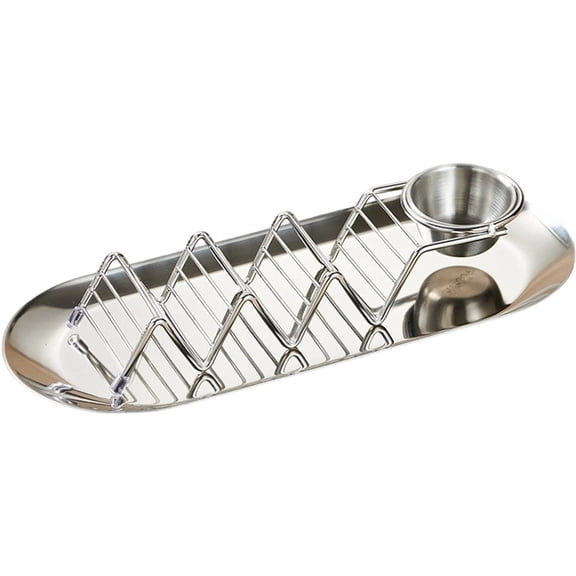 Hfppkn W-Shaped Stainless Steel Taco Serving Tray with Single Sauce Cup Non-Slip Taco Stand 30x12.5x1.5cm