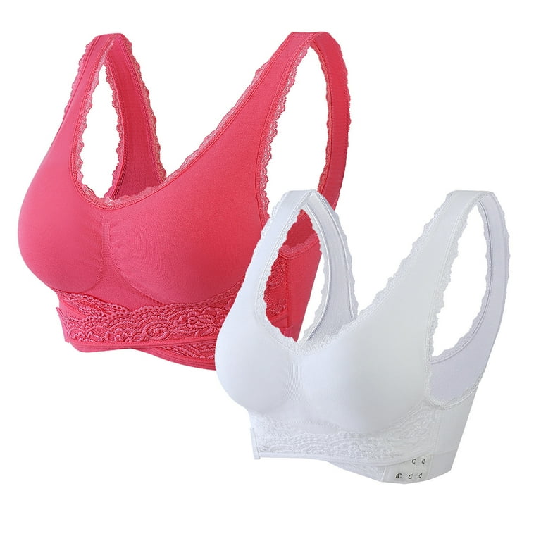Hfyihgf 2PC Front Criss Cross Bras for Senior Women Sets Side Buckle Lace  Sports Bra Wireless Push Up with Removable Pad Lingerie 2#Watermelon Red XXL