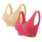 Hfyihgf 2PC Front Criss Cross Bras for Senior Women Sets Side Buckle Lace Sports Bra Wireless Push Up with Removable Pad Lingerie (Watermelon/Purple) S