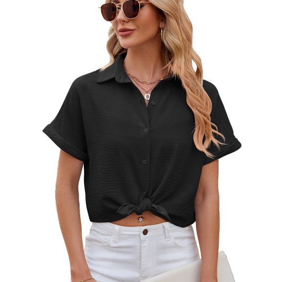 Hfyihgf Button Down Shirts for Women Summer Roll-Up Short Sleeve Collared Blouse Casual V Neck Business Work Solid Plain Tops(Black,M)