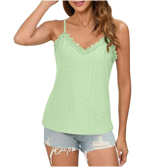 Hfyihgf Camisole for Women Lace Crochet V Neck Spaghetti Strap Tank Tops Sleeveless Blouses Loose Fit Eyelet T Shirts(Mint Green,M)